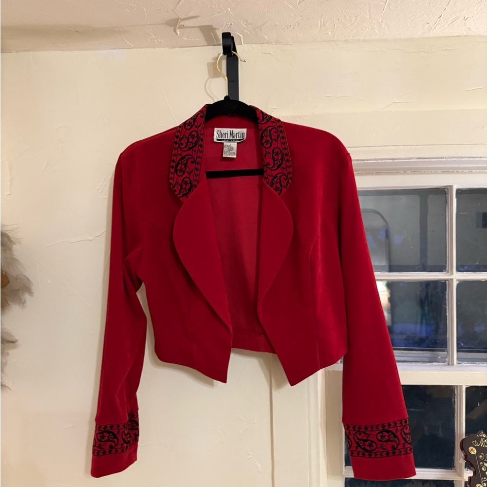Elegant Red Embroidered Blazer with Bolero Flair
